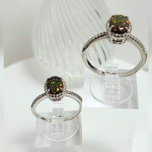 Lab Black Opal Sterling Silver Ring With CZ Details NEW